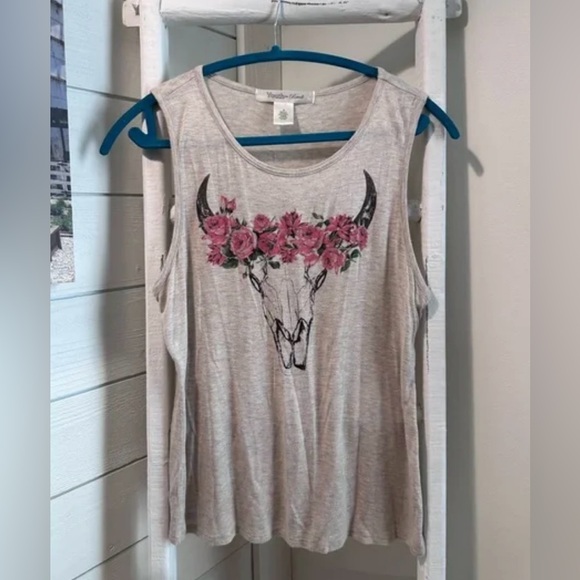 Youth In Revolt Tops - Boho Bull Skull Tank Top Floral Crown Junior Western Graphic Sleeveless Tee Tank